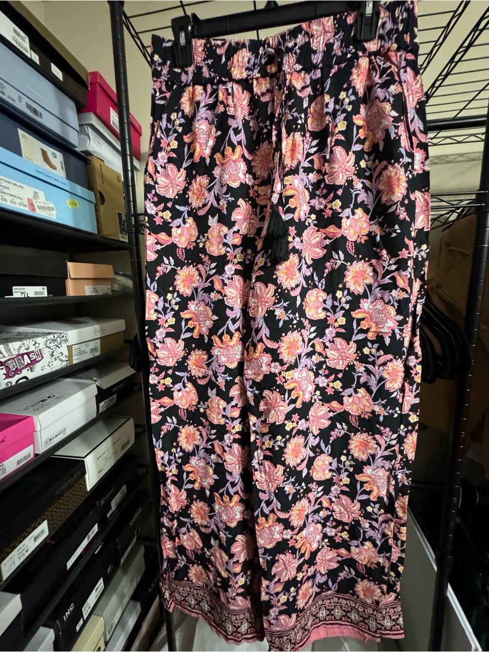 Black Floral Wide-Leg Pants with Pink Print